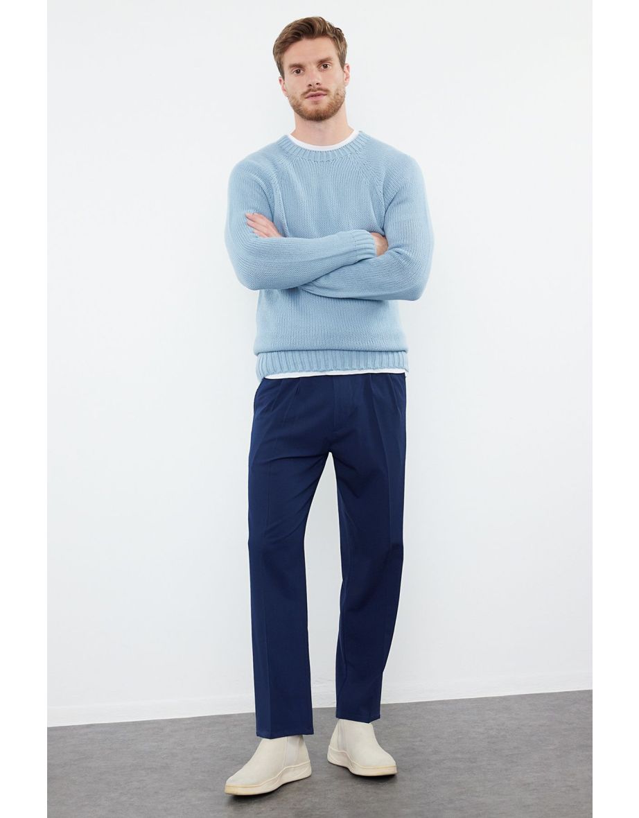 Men's Blue Slim Fit Crew Neck Raglan Sleeve Seamless Basic Knitwear Sweater