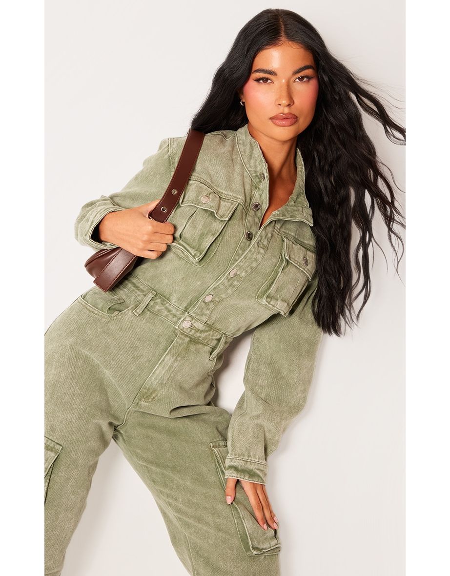 Petite Washed Green Denim Cargo Wide Leg Jumpsuit - 3