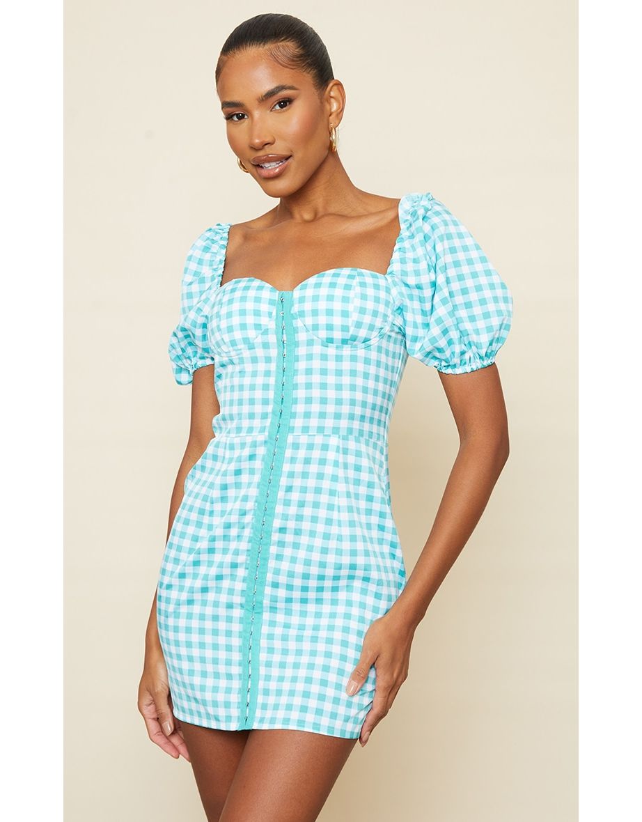 Shop Mint Gingham Corset Floaty Sleeve Bodycon Dress Online in Qatar VogaCloset