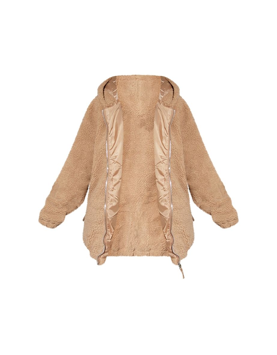 Camel Oversized Hooded Zip Detail Borg Coat - 4