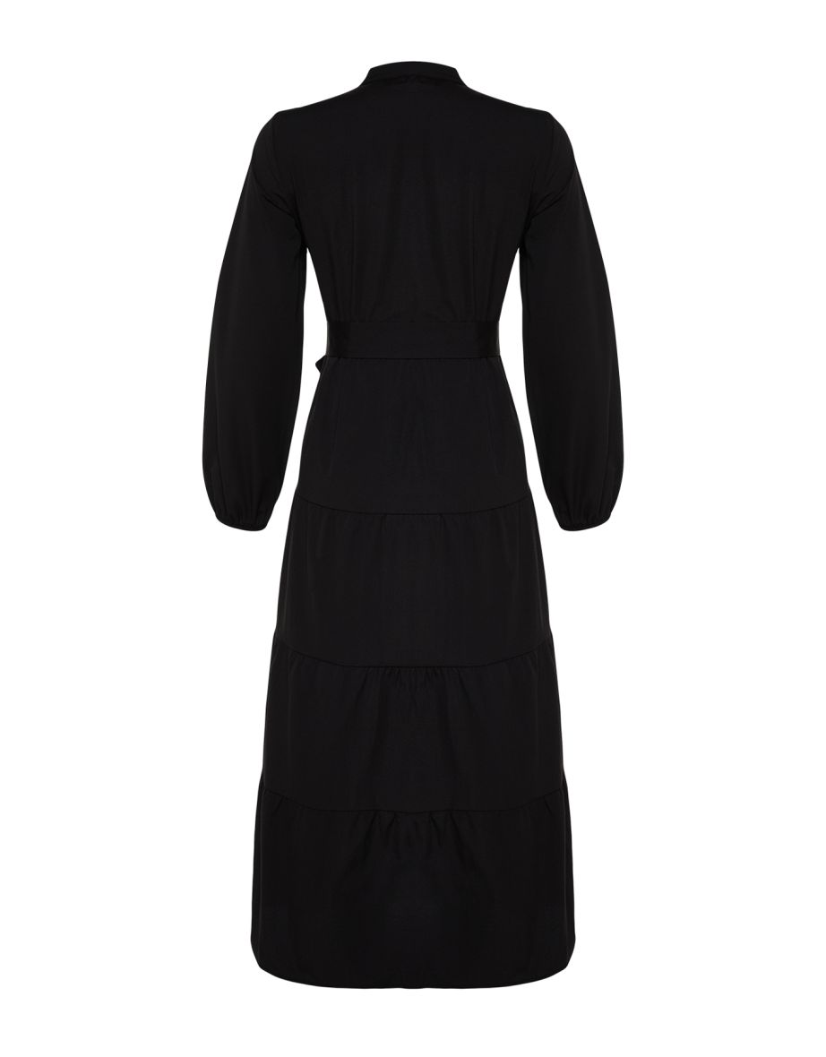 Black Belted Grand Collar Button Detailed Woven Dress - 8