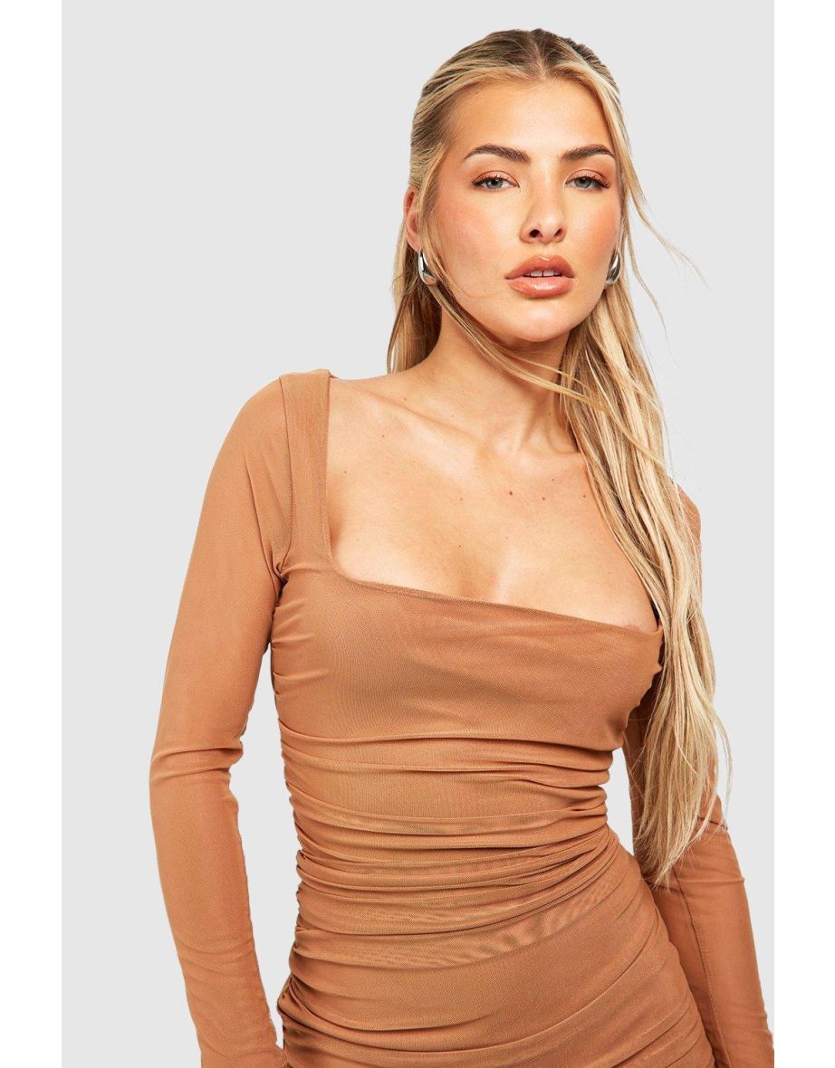 Square Neck Ruched Mesh Bodycon Dress - camel - 3