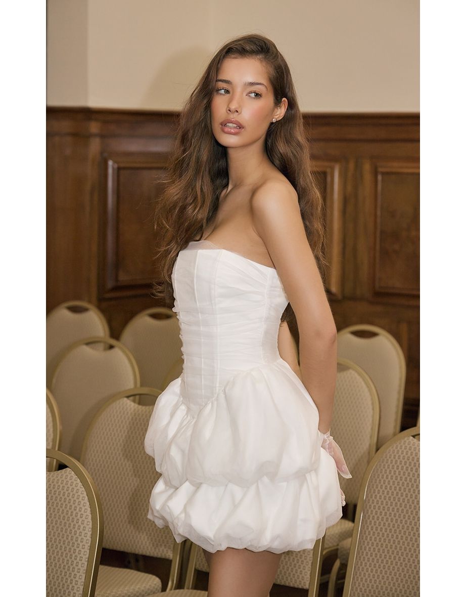 Premium White Tulle Layered Corset Puffball Hem Bodycon Dress