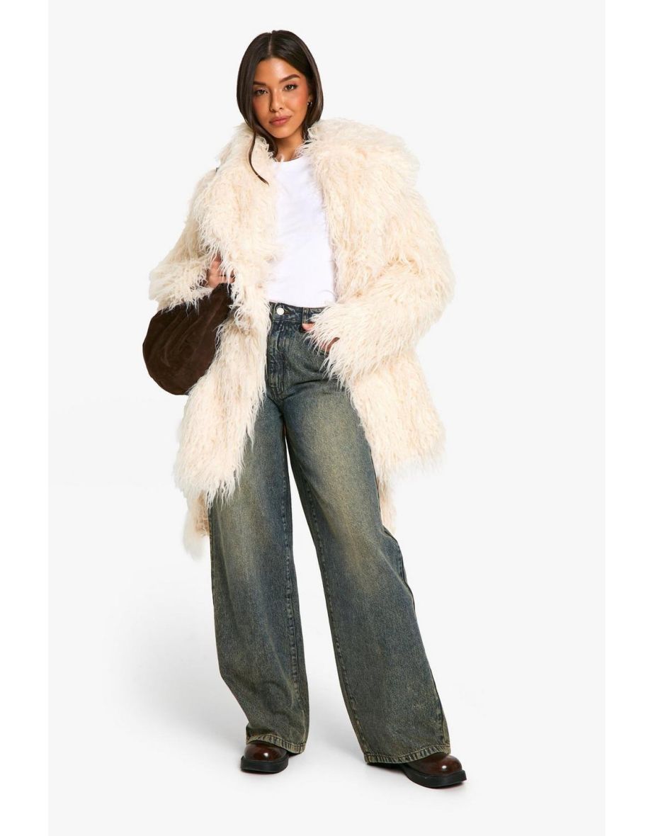 Faux Mongolian Fur Belted Coat - cream