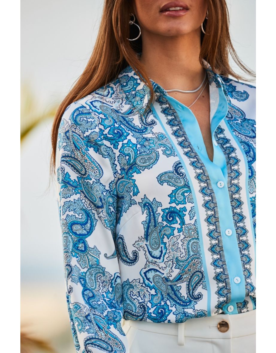 Blue Scarf Print Satin Shirt - 4