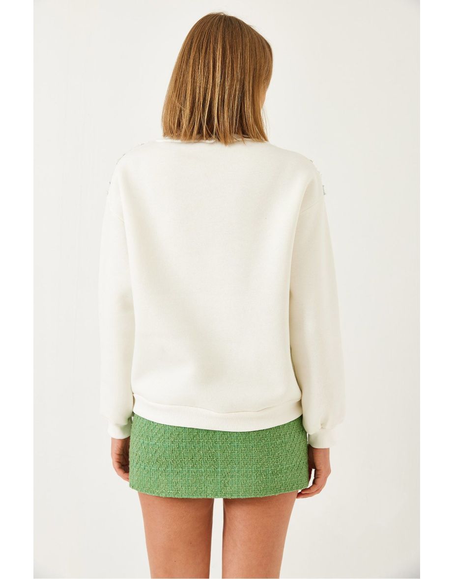 Women's Tulle Flower Detailed Three Thread Raised Sweatshirt - 5