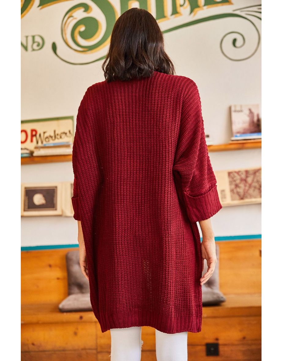 Women's Burgundy Folded Sleeve Loose Knitwear Cardigan With Pocket - 6
