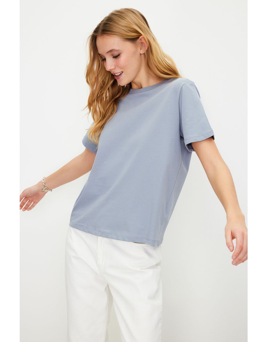 Gray 100% Cotton Basic Crew Neck Knitted T-Shirt