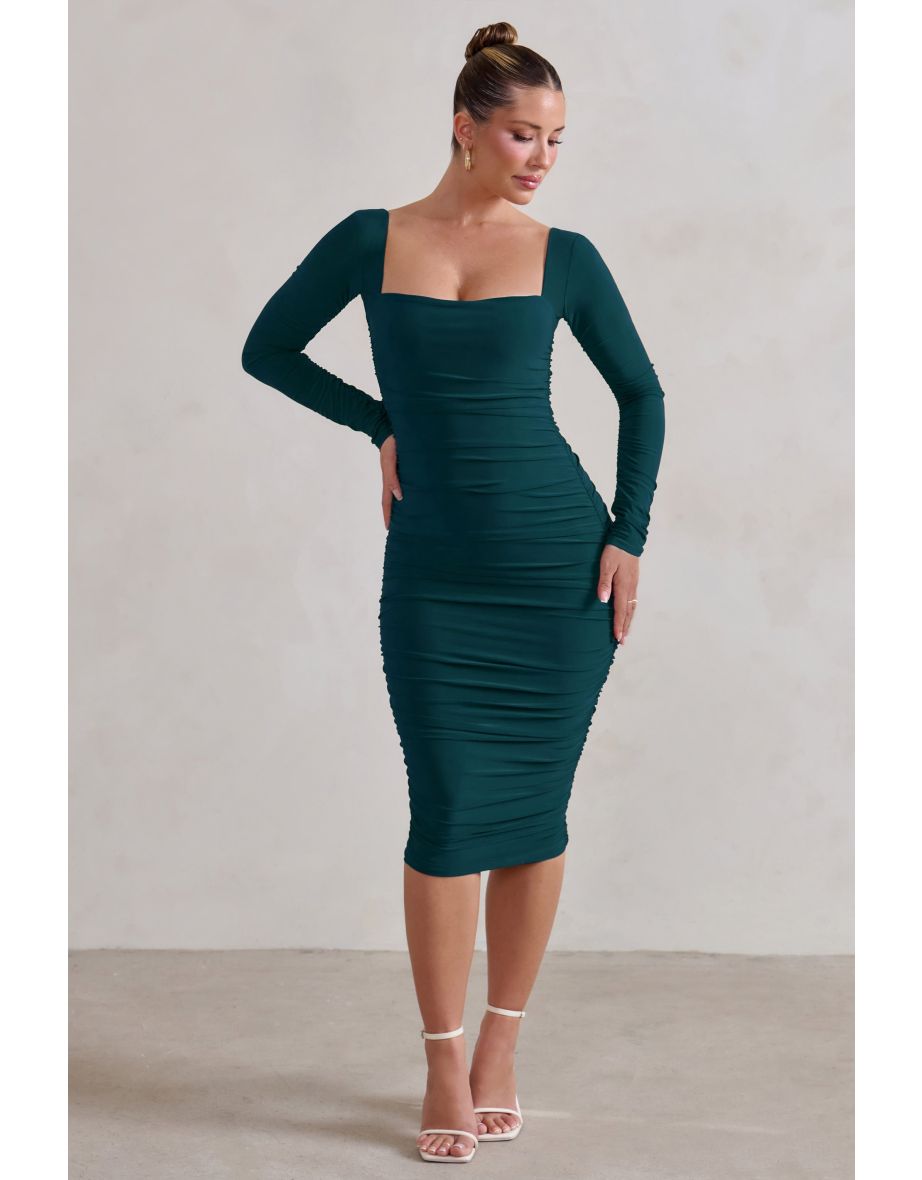 Seductress | Bottle Green Square Neck Bodycon Midi Dress With Long Sleeves - 3