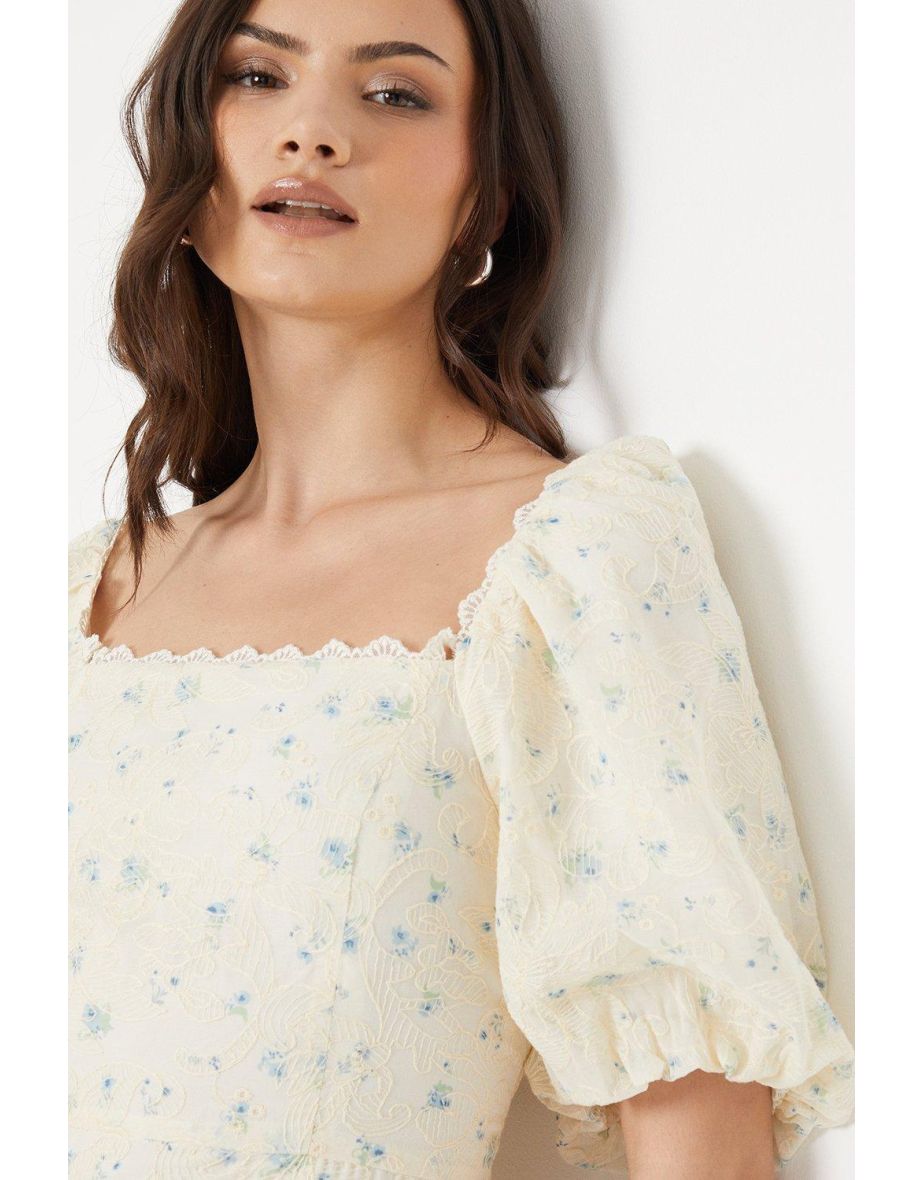 Embroidered Floral Puff Sleeve Mini Dress - 3