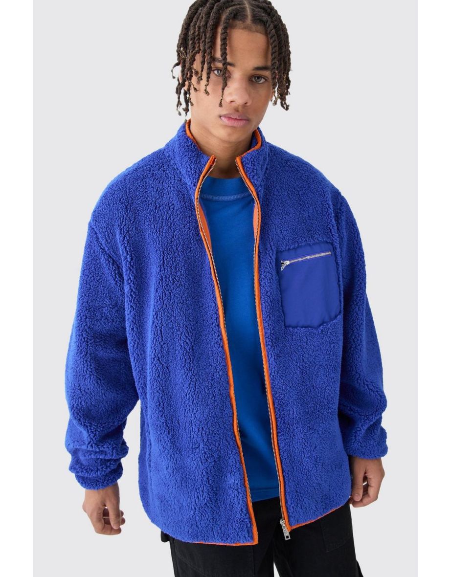 Shop Oversized Contrast Borg Jacket blue Online in Bahrain VogaCloset