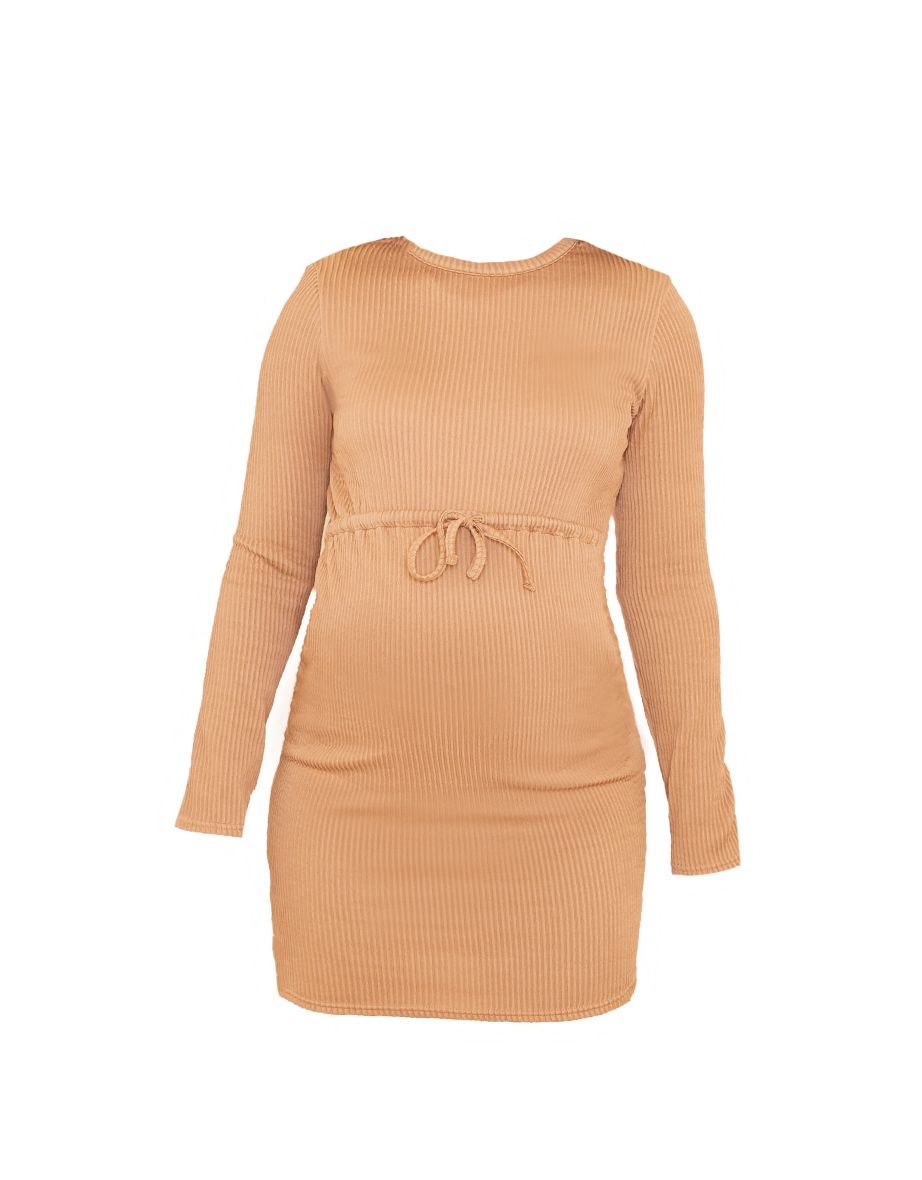 Maternity Camel Tie Waist Mini Dress - 4