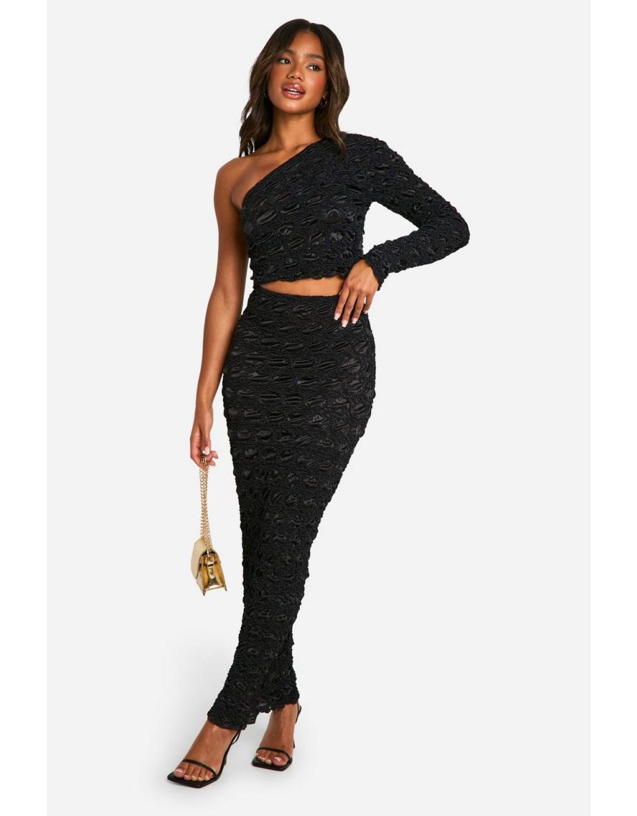 Crink Textured One Shoulder Long Sleeve Top - black