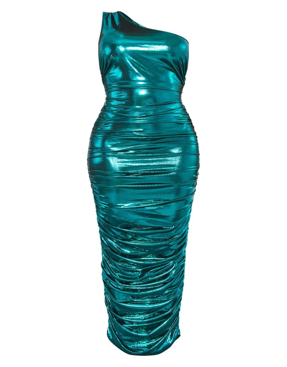 Shape Emerald Green Metallic Ruched One Shoulder Maxi Dress - 4