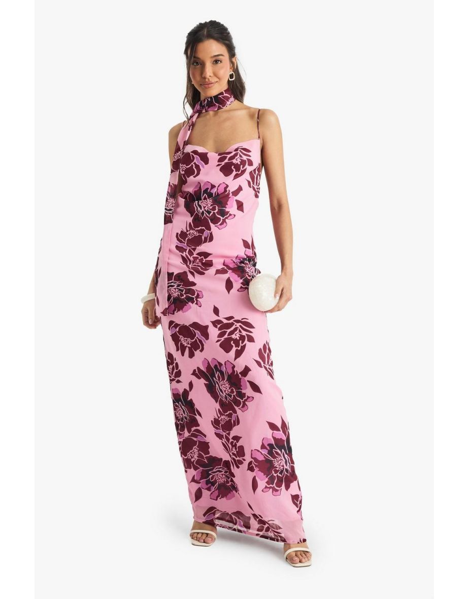 Floral Chiffon Slip Dress with Neck Tie