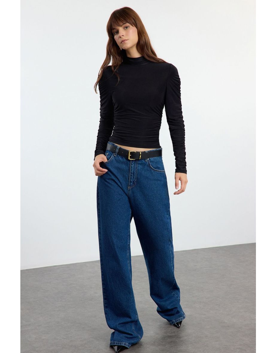 Black Ruffle/Drape Detailed Turtleneck Fitted/Closed Knitted Top