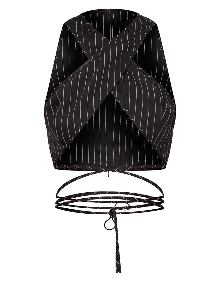 Black Pinstripe Wrap Cross Front Halterneck Crop Top - 4