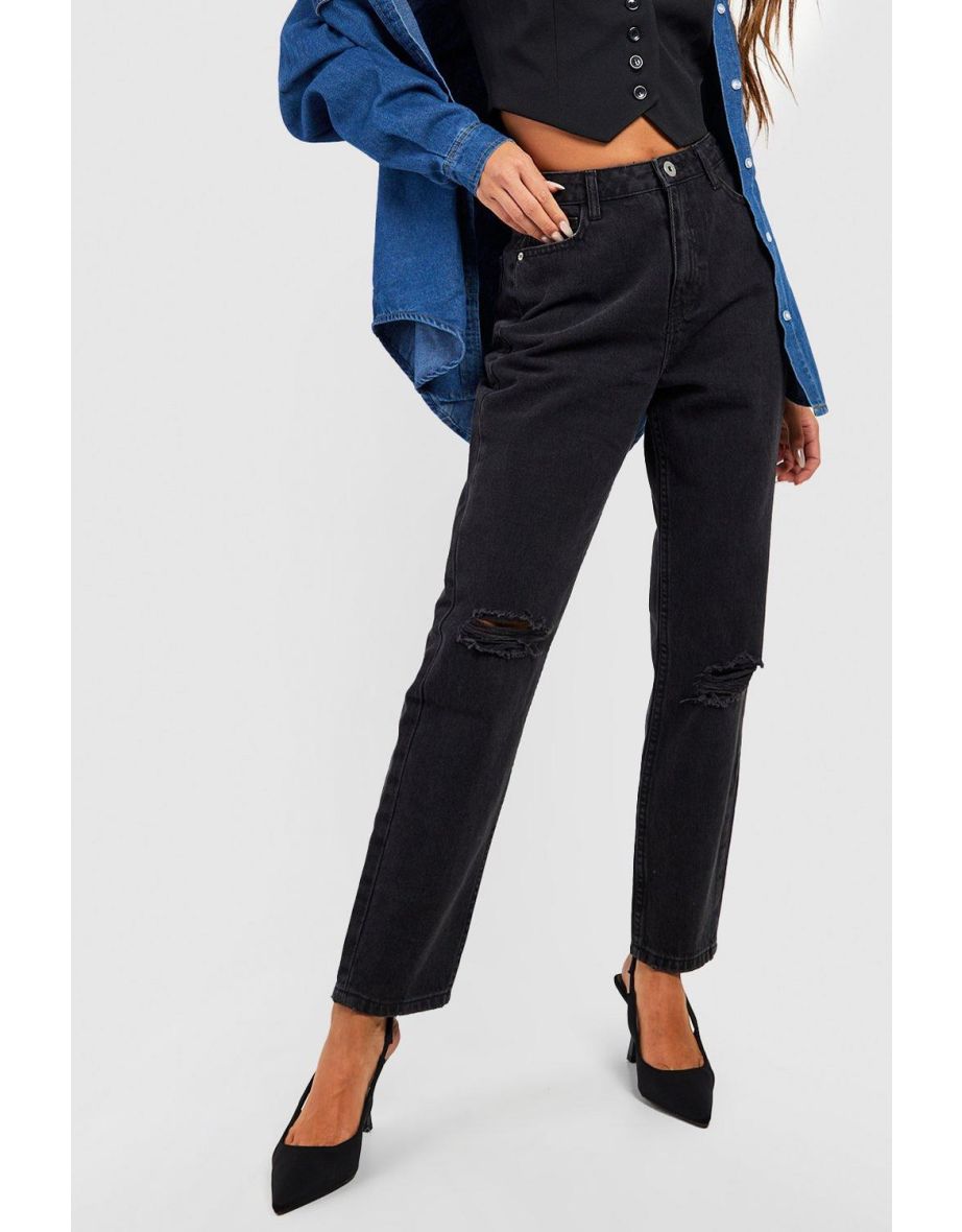 High Waisted Ripped Knee Mom Jeans - black - 3