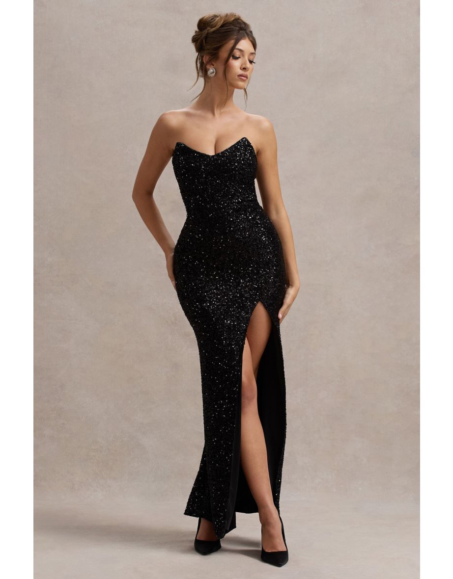 Adalee | Black Sequin Strapless Maxi Dress