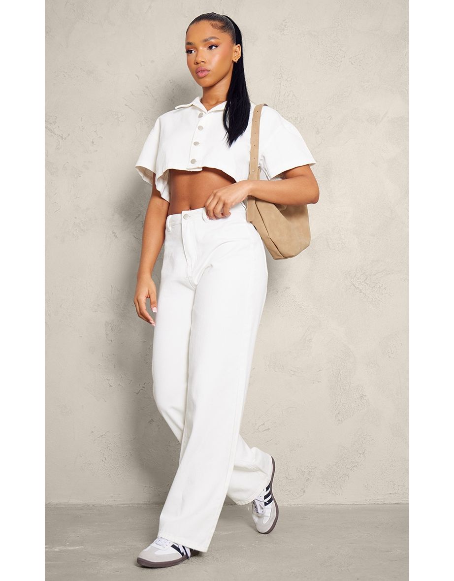 Ecru Short Sleeve Cropped Denim Shirt