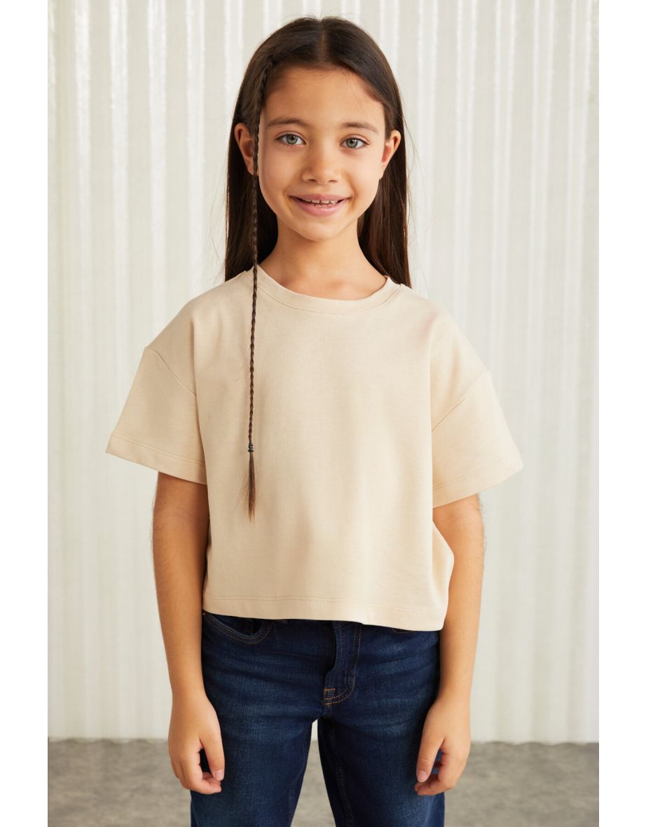 HEIDA-GRM24022- 100% cotton trim label girls kids short sleeve tshirt kids tshirt Beige T-Shirt
