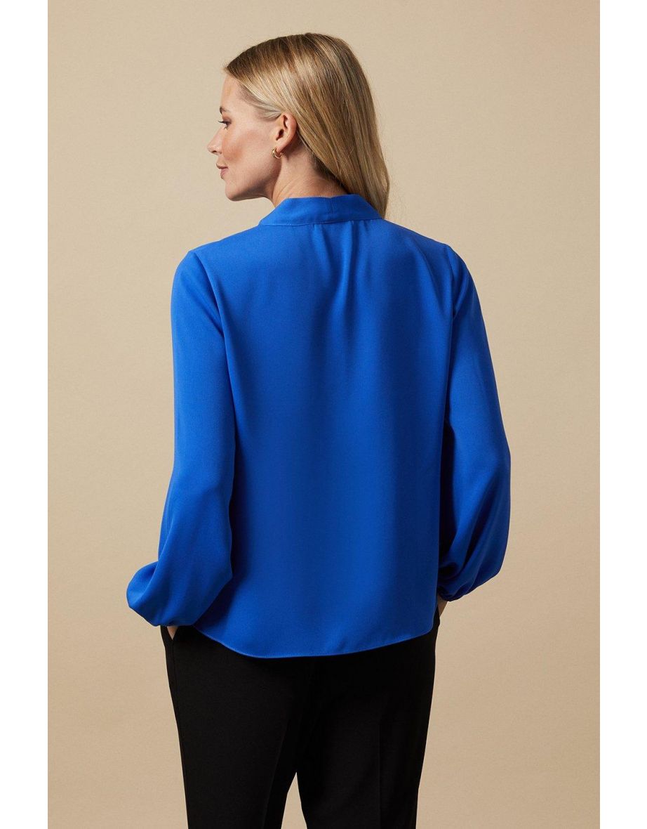 Petite Plain Blue Tie Neck Blouse - 2