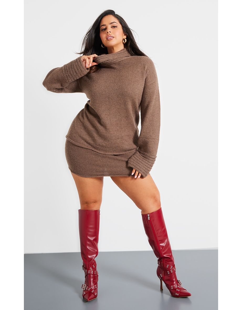 Plus Chocolate Textured Knit Roll Neck Oversized Jumper
