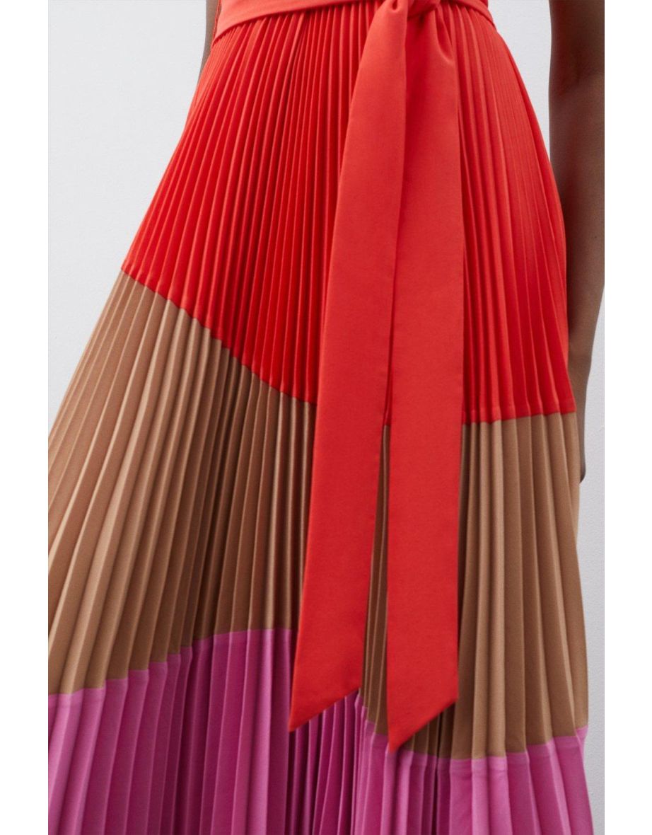 Colour Block Strappy Pleated Woven Midi Shirt Dress - 2