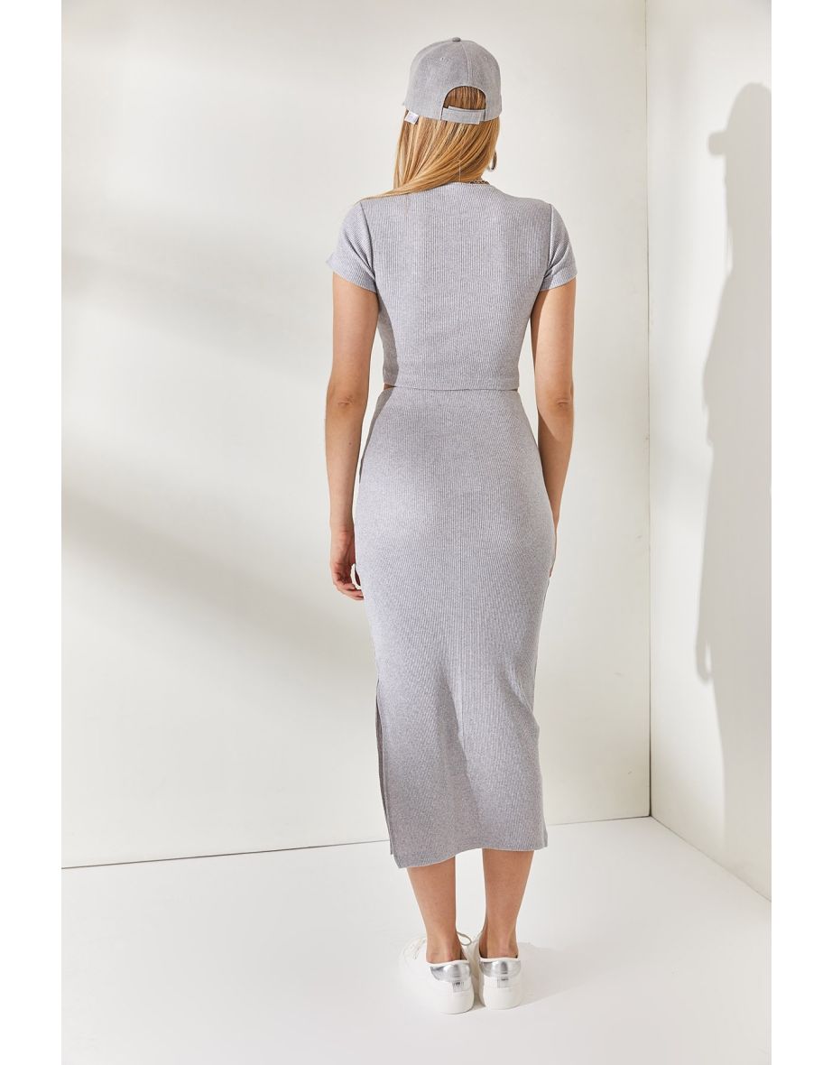 Gray Short Sleeves Slit and Lycra Suit - 4