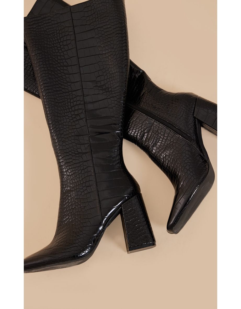 Black Pu Croc Square Toe Knee High Heeled Knee Boots - 3