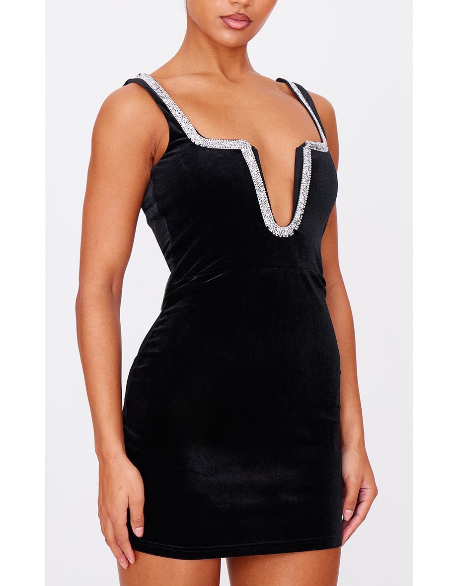 Black Velvet Diamante Detail Trim Mini Dress - 3