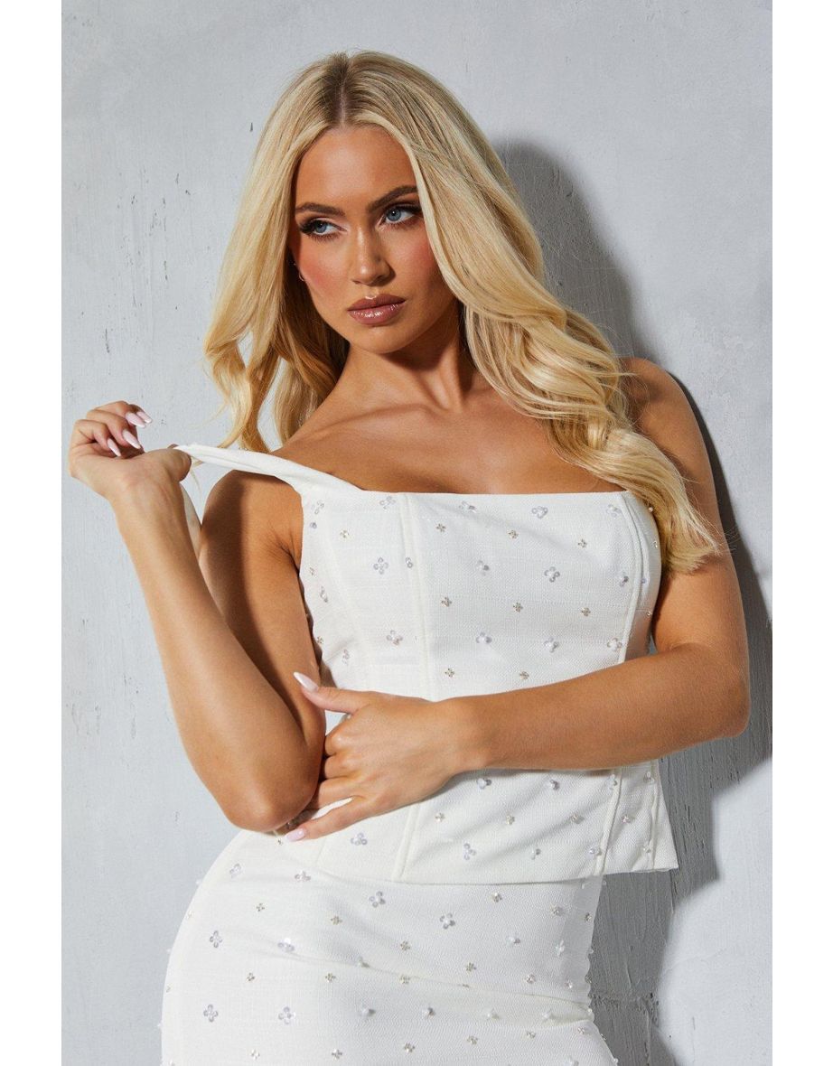 Embellished Tweed Square Neck Longline Corset - 3