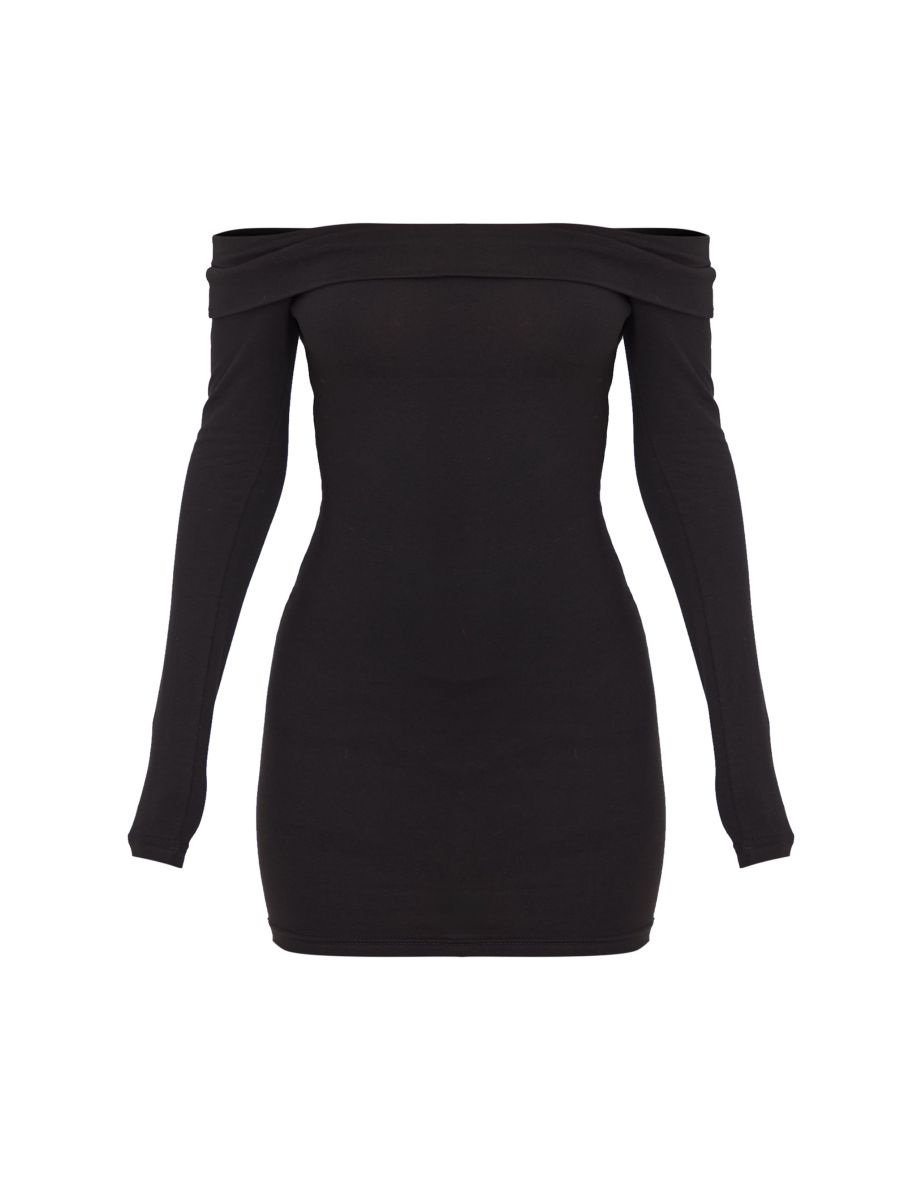 Black Cotton Bardot Fold Over Mini Dress - 4