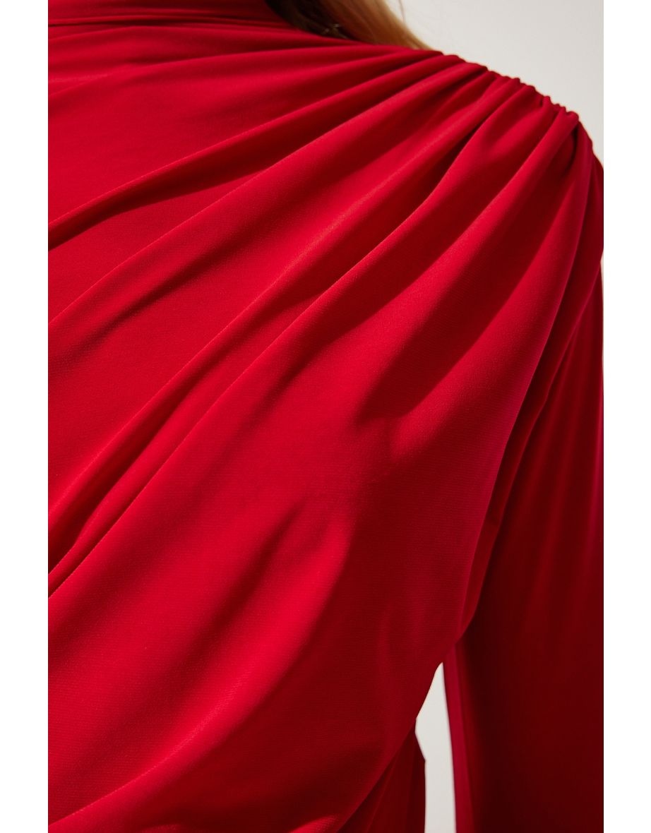 Women's Red Smocking Detail Standing Collar Sandy Blouse - 4