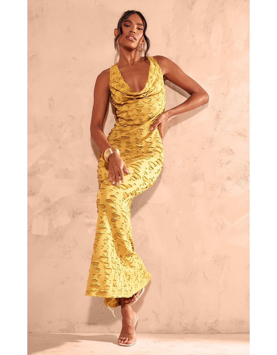 Shop Chartreuse Woven Textured Cowl Neck Maxi Dress Online in Bahrain VogaCloset