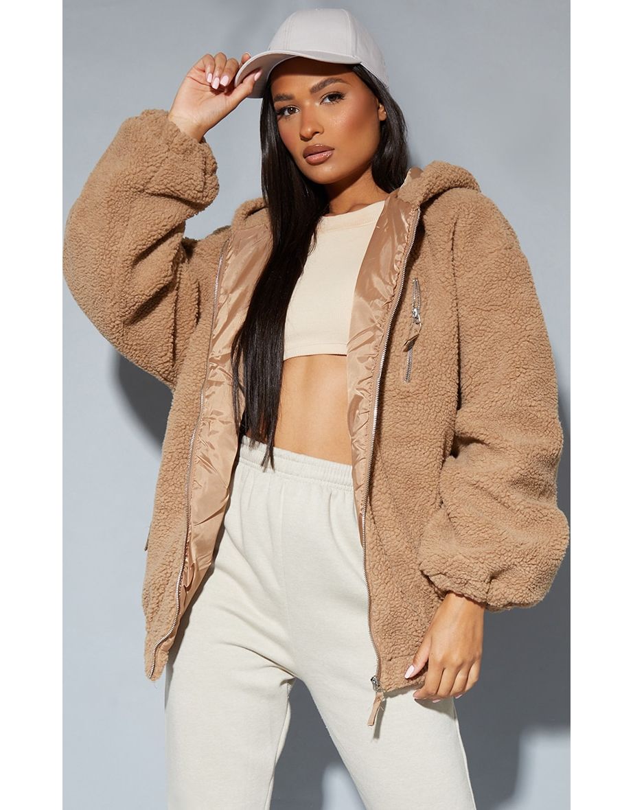 Camel Oversized Hooded Zip Detail Borg Coat