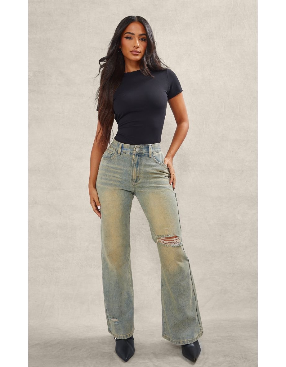 Petite Vintage Mid Wash Distressed Rip Straight Leg Jeans