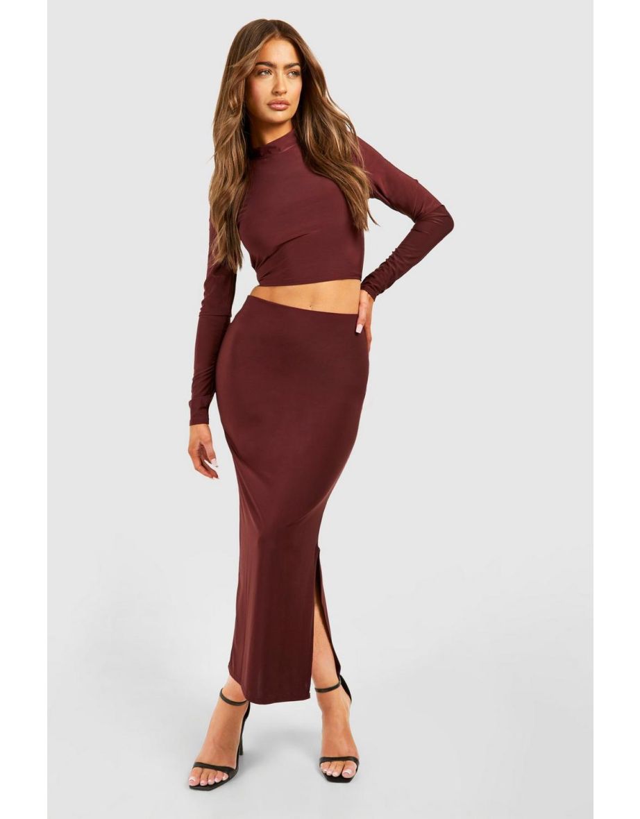 High Neck Long Sleeve Top & Bodycon Midaxi Skirt Set - merlot