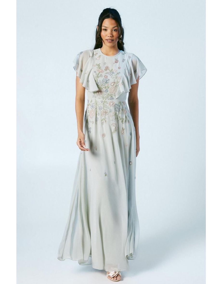 Flutter Sleeve Embellished Ditsy Floral Bridesmaids Dress