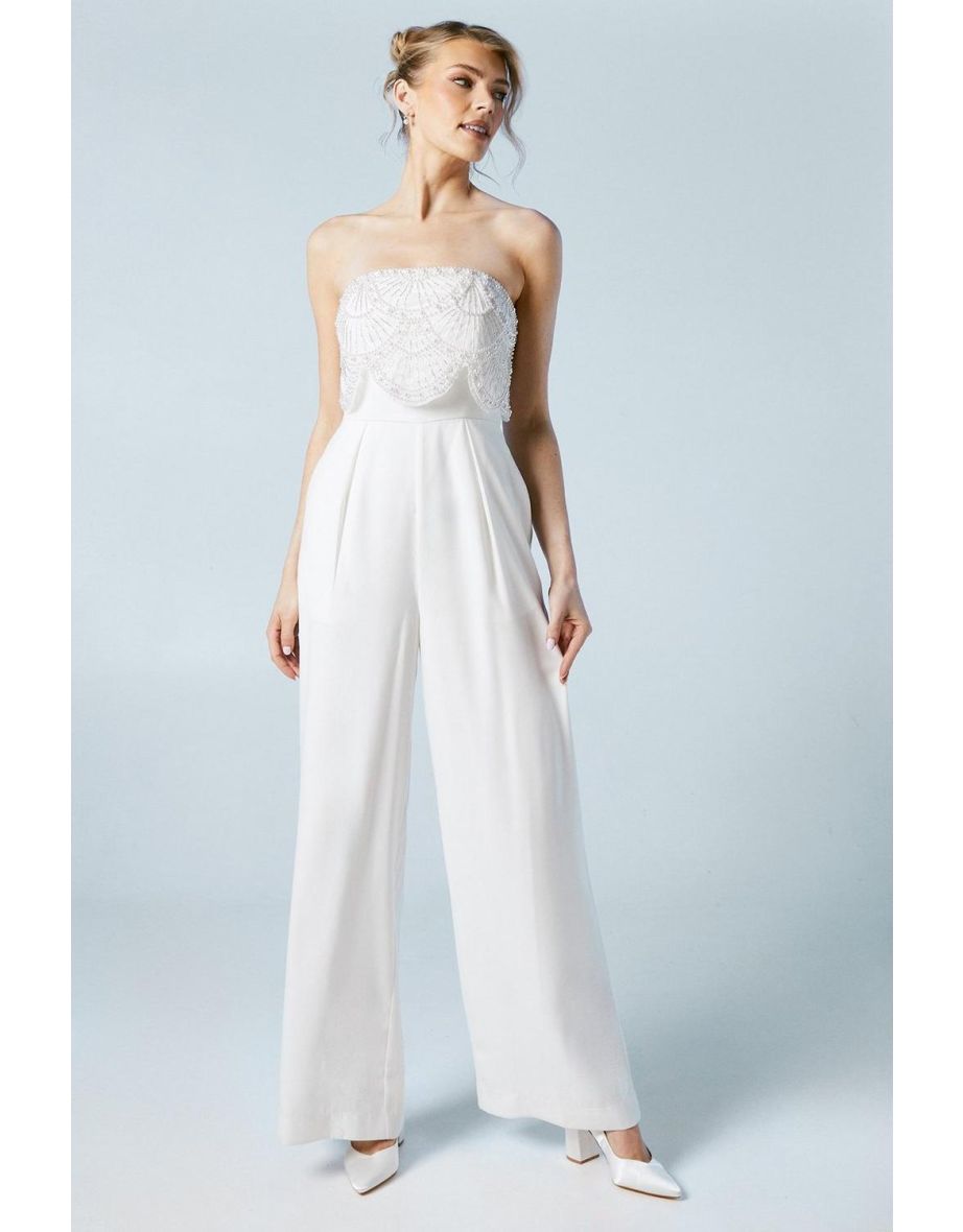 Premium Crepe Scallop Pearl Detail Bridal Jumpsuit
