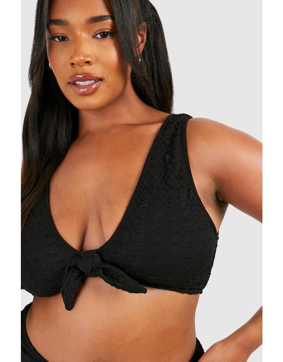 Plus Textured Knot Front Bikini Top - black - 2
