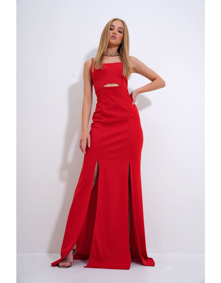 Women's Red Adjustable Strap Out Cut Slit Graduation Dress - 6