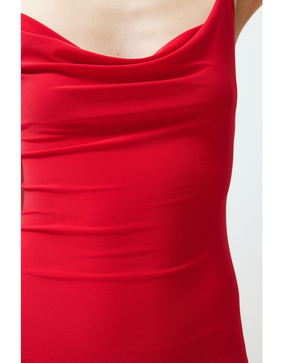 Red Turndown Collar Strappy Body-Shouldered Slit Flexible Knitted Dress - 7