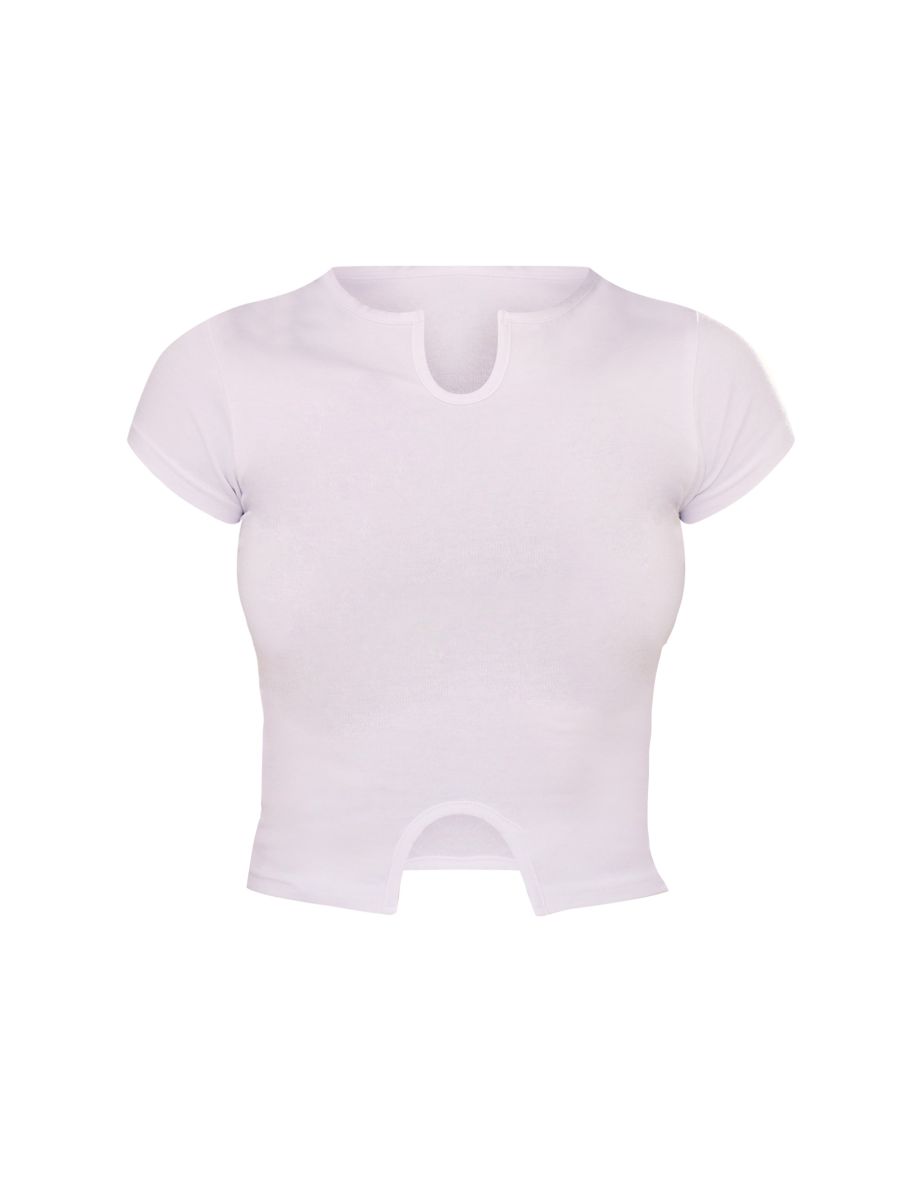 White Modal Cotton Notch Neck Split Hem T Shirt - 4