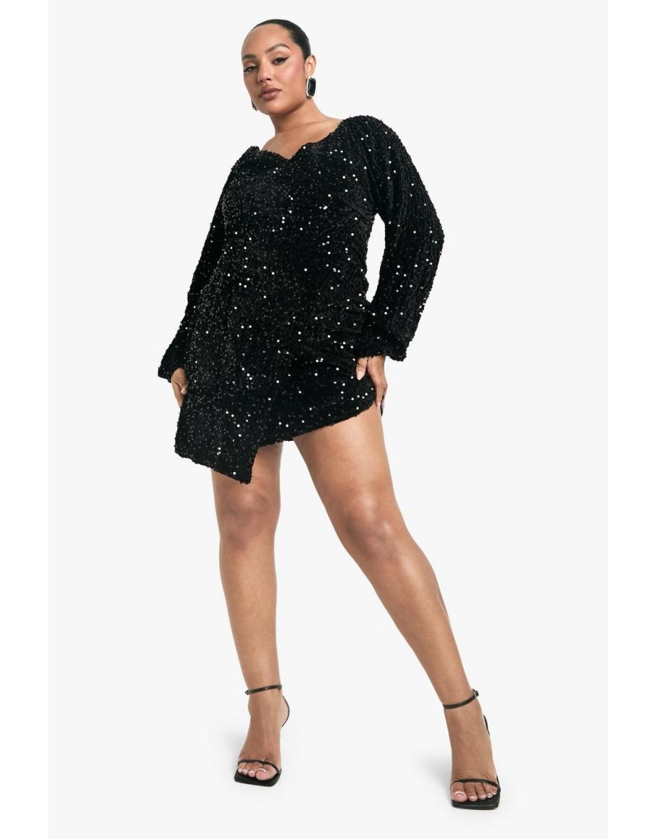 Plus Velvet Sequin Swing Dress - black