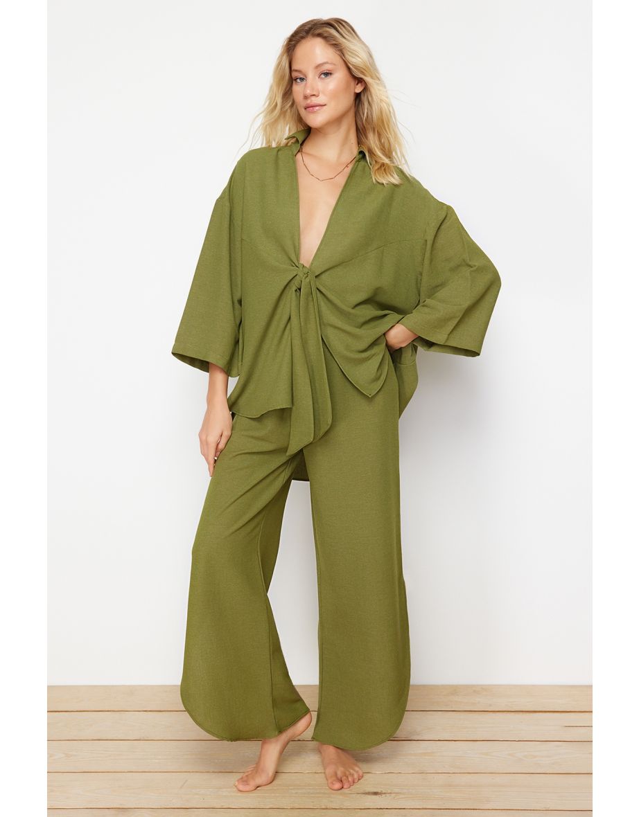 Khaki Woven Tie Linen Blend Shirt Trouser Suit