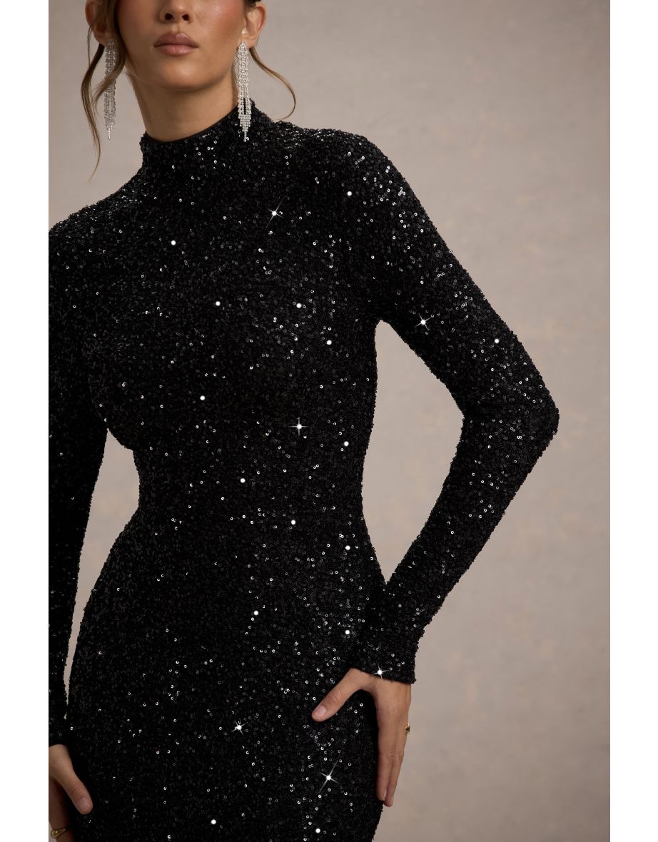 Galaxy | Black Sequin Turtle-Neck Long-Sleeve Maxi Dress - 6