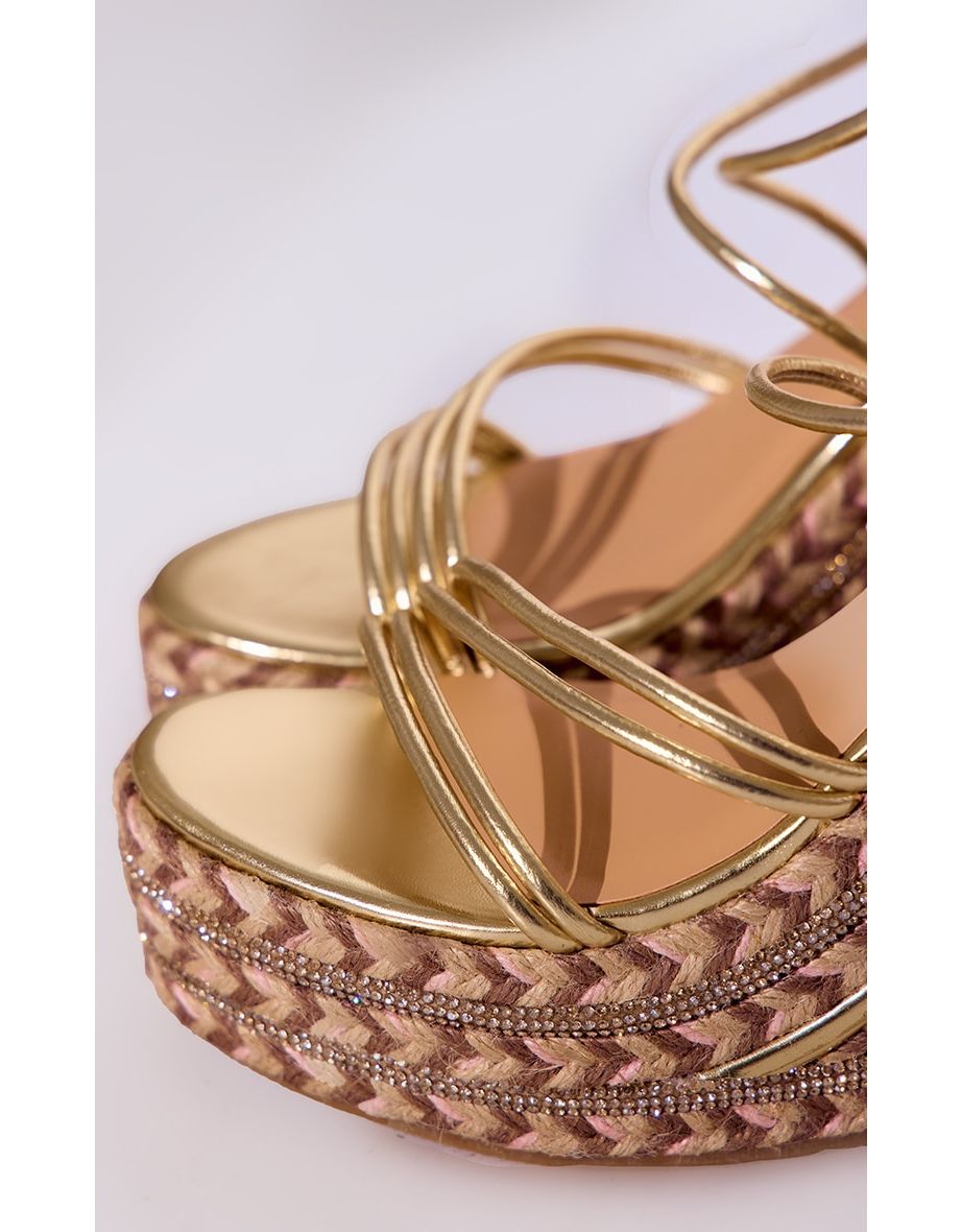 Gold Pu Round Toe Asymmetric Strap Diamante Platform Heeled Wedges - 3