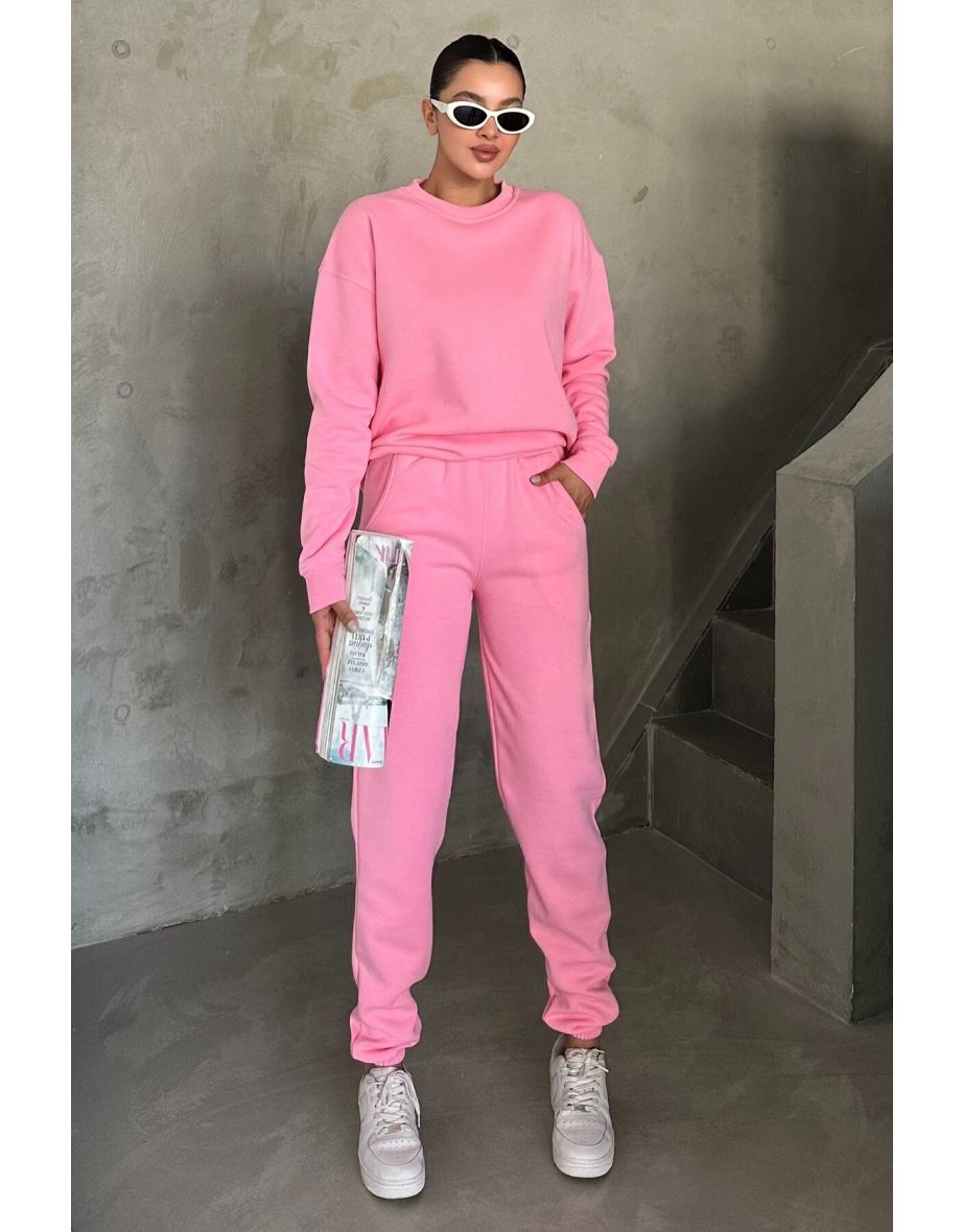 Pink Crew Neck Plain Oversize Bottom-Top Tracksuit Set