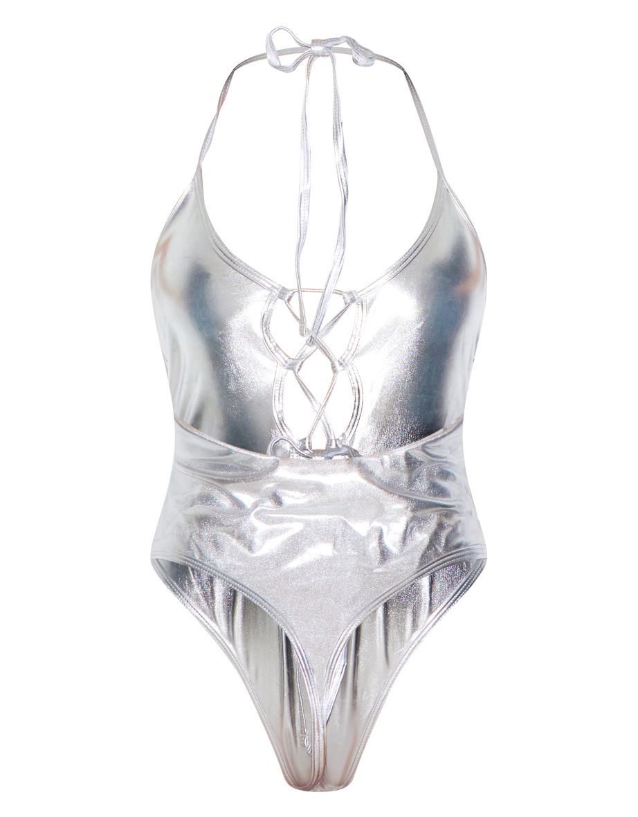 Silver Metallic Cut Out High Leg Swimsuit - 4